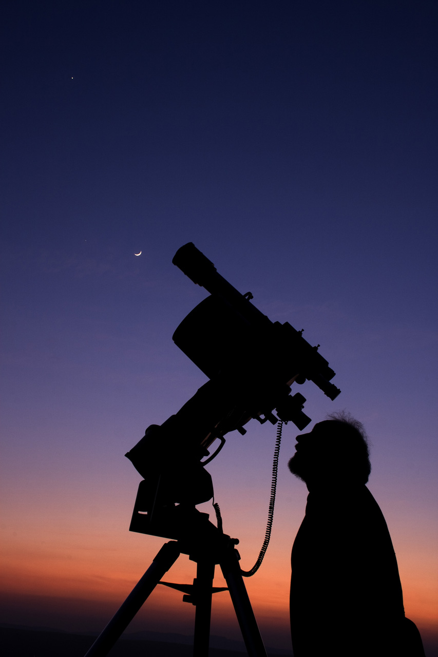 Telescope, Venus, Jupiter and Moon and observer small
