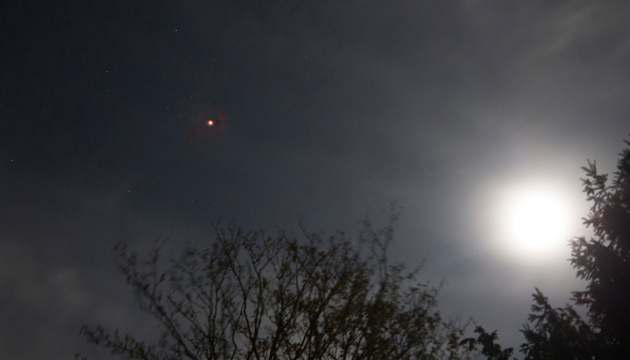 Canon 1100 with kit zoom lens at 55mm. Composite of Mars taken without moon in shot at 2.5 secs, iso 800, f5 and wide shot at iso 400, 1/1250, f5. Credit: James Robertson. Click to enlarge.
