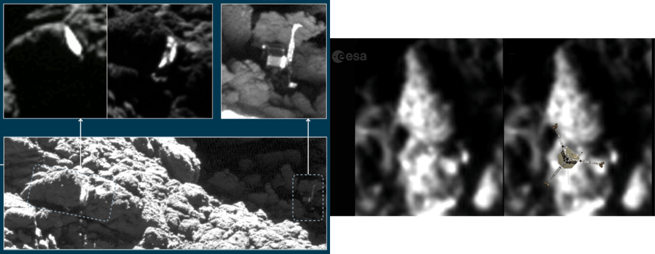 The bounce point (APOD 12 Sept 2016) and Philae’s final position with the obvious impact scar. The right-hand pictures show Skull Rock and the dent made by Philae.